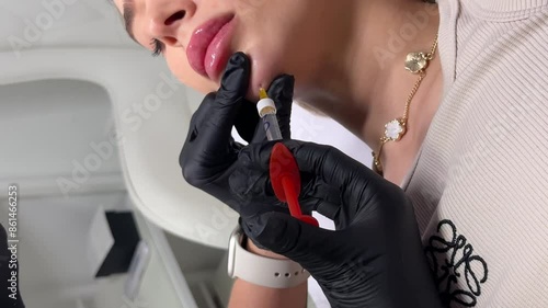 professional is seen injecting hyaluronic acid into the chin area to subtly alter the facial contour. hyaluronic acid for cosmetic procedures. photo