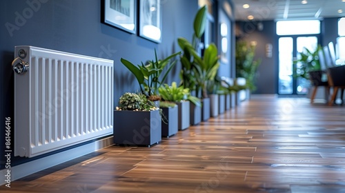 White Radiator in Modern Office Hallway With Plants and Hardwood Flooring photo