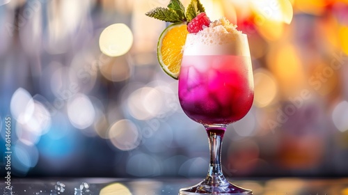 Tasty and colorfully decorated cocktail with fruits and ice in an elegant glass at the bar