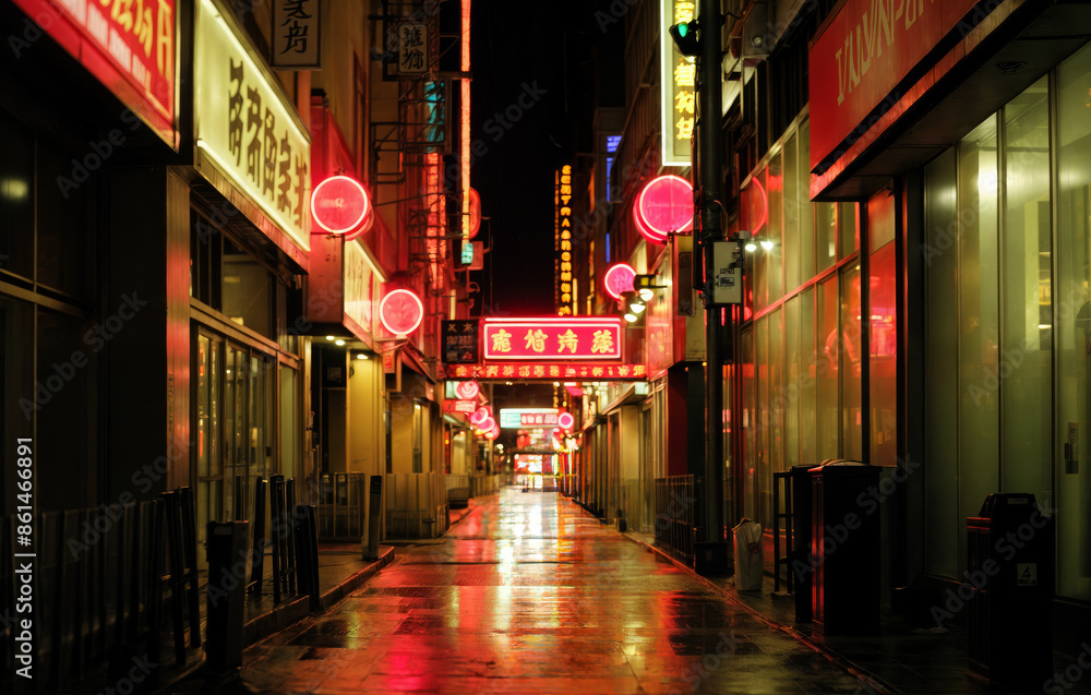 red lanterns at night in the alley under the rain created with Generative AI technology red lanterns at night in the alley under the rain created with Generative AI technology