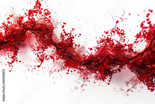 Vibrant red particles forming dynamic abstract shapes on a pure white backdrop.