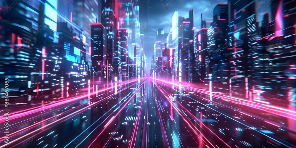 Long exposure light trails in futuristic city with neon technology backdrop. Concept Cityscape, Long Exposure, Light Trails, Neon Technology, Futuristic Style Long exposure light trails in futuristic city with neon technology backdrop. Concept Cityscape, Long Exposure, Light Trails, Neon Technology, Futuristic Style