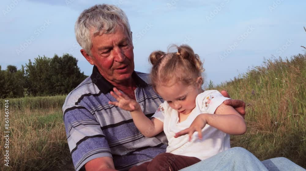 Elderly grandfather with gray hair happily playing with his small carefree granddaughter in the peaceful sun-drenched meadow on a summer's day sitting on ground enjoying happy weekend together Elderly grandfather with gray hair happily playing with his small carefree granddaughter in the peaceful sun-drenched meadow on a summer's day sitting on ground enjoying happy weekend together