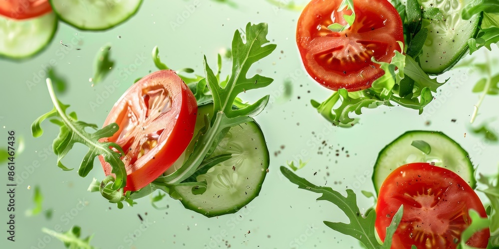 Falling slices of tomatoes, cucumbers, arugula. Levitating vegetables. Falling slices of tomatoes, cucumbers, arugula. Levitating vegetables.
