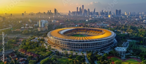 Aerial View of a Modern Stadium in a Cityscape