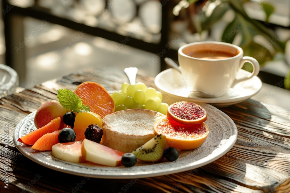 Beautiful breakfast set with fruits and coffee Beautiful breakfast set with fruits and coffee