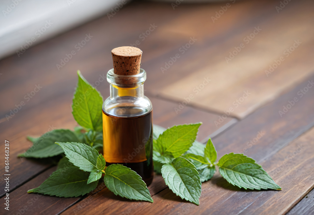 Pepermint oil bottle with decorate pepermint leaf Pepermint oil bottle with decorate pepermint leaf