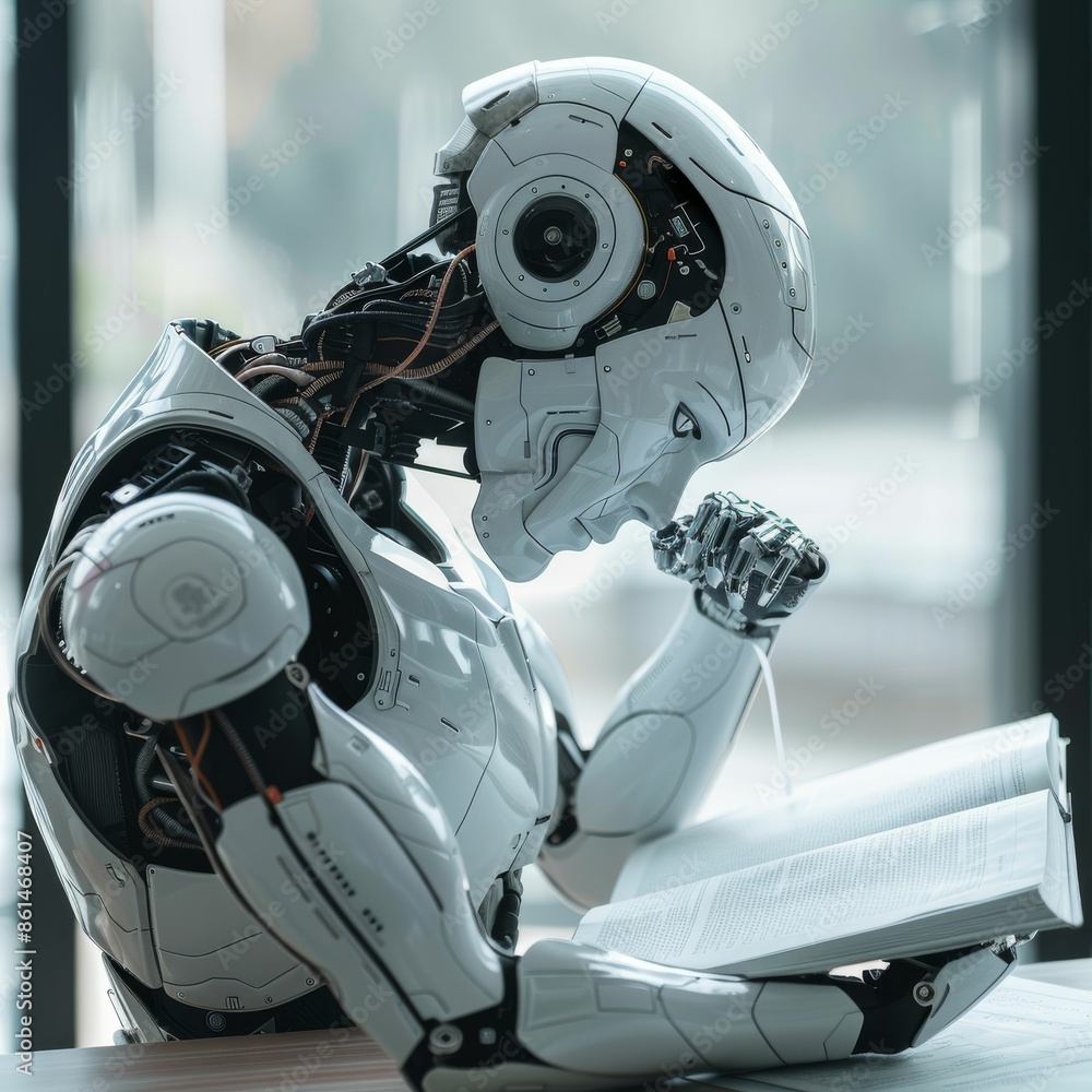 Fototapeta premium A humanoid robot attentively reading a book, representing advanced artificial intelligence and machine learning.