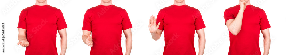 Man in red t-shirt showing or holding something in his arm on white background Man in red t-shirt showing or holding something in his arm on white background