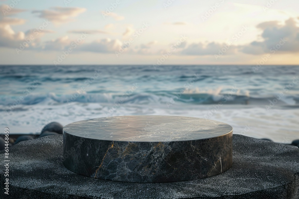 Luxury natural Dark stone podium for beauty brand product placement above black sand with beach sea view background. Minimal trendy mockup template - generative ai Luxury natural Dark stone podium for beauty brand product placement above black sand with beach sea view background. Minimal trendy mockup template - generative ai