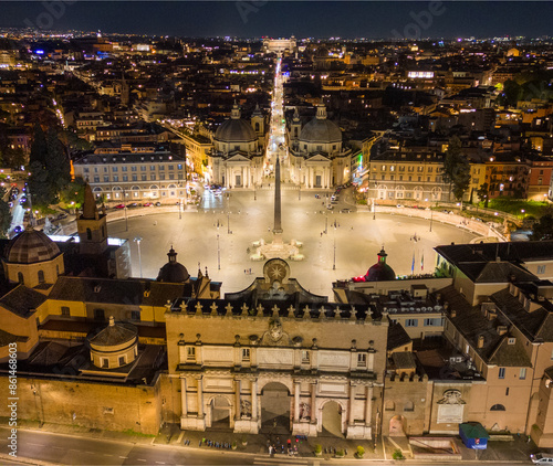 Photography Beautiful Drone Shot Above Piazza del Popolo at Night in Rome, Italy