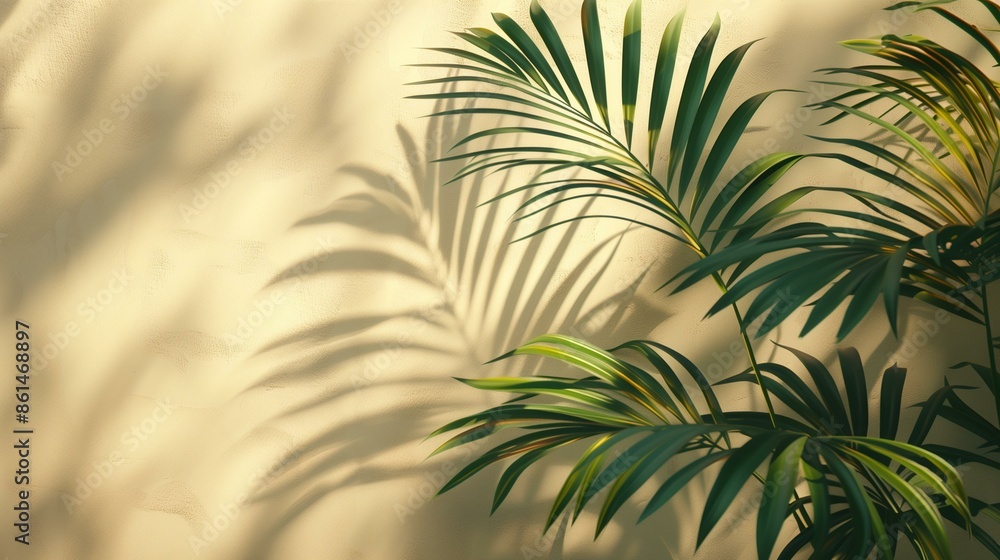 Blurred shadow palm leaves on light cream wall, serene bright sunlight Blurred shadow palm leaves on light cream wall, serene bright sunlight