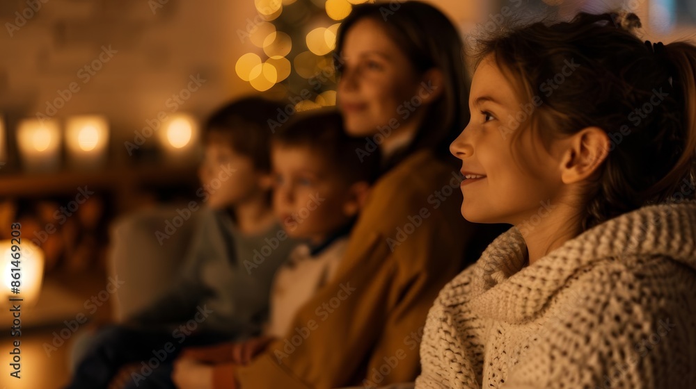 Single mom and kids having a movie night, cozy living room, dim lighting, frontal view, intimate and relaxed, bonding time Single mom and kids having a movie night, cozy living room, dim lighting, frontal view, intimate and relaxed, bonding time