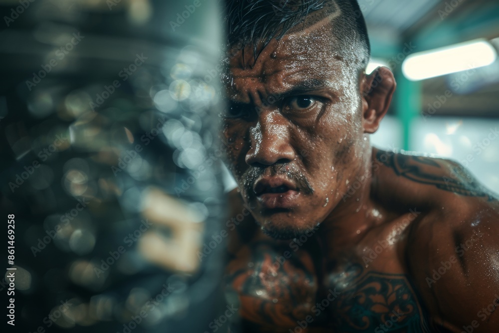 Close-up Shot of a Muay Thai Fighter Practicing Kicks with Intense Focus and Sweat in a Gym Close-up Shot of a Muay Thai Fighter Practicing Kicks with Intense Focus and Sweat in a Gym