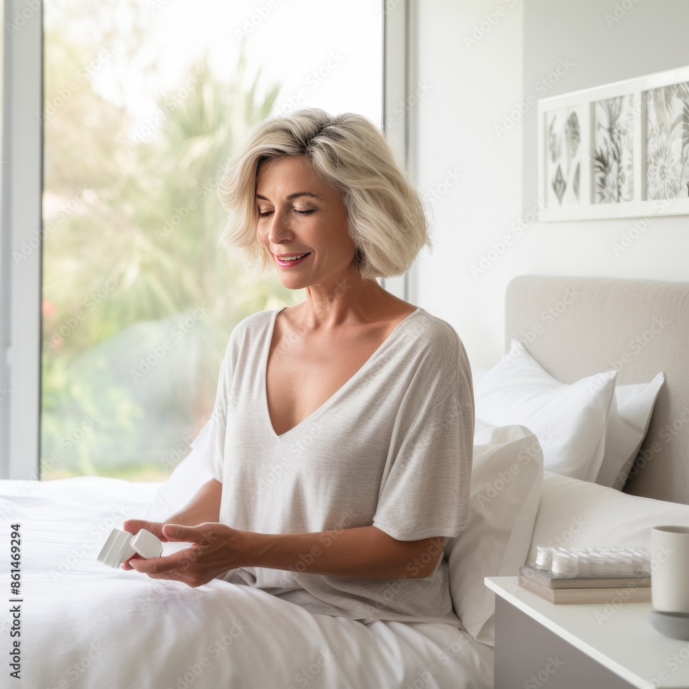mature woman taking medicine pills at home, health issues medication, Generative AI mature woman taking medicine pills at home, health issues medication, Generative AI