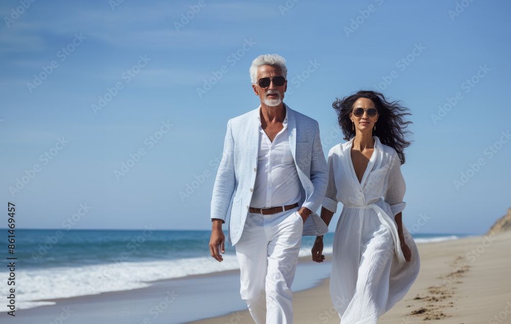 happy mature caucasian couple walking together enjoying summer vacation, holiday at beach. Generative AI