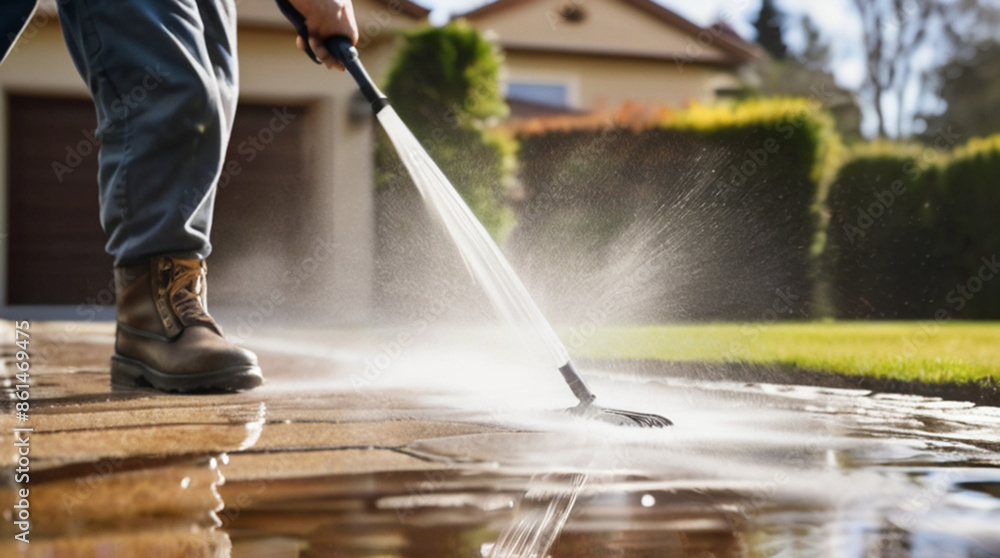 Pressure washing driveway. Close up on water splash and worker in worker boots cleaning driveway with pressure washer. Pressure washing driveway. Close up on water splash and worker in worker boots cleaning driveway with pressure washer.