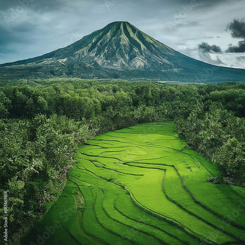 A painting of a peaceful countryside with snow-capped mountains at peace, a wide green meadow in front, and a river flowing through the middle.