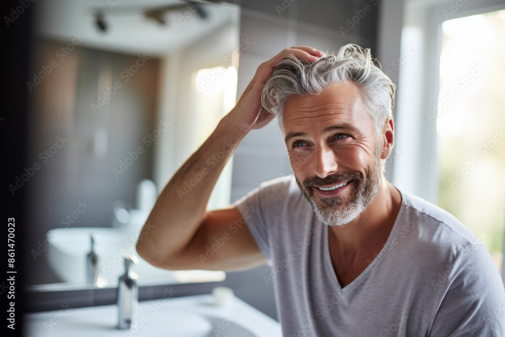 mature man styling his hair looking in mirror, Generative AI