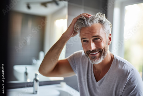 Obraz na płótnie mature man styling his hair looking in mirror, Generative AI w salonie