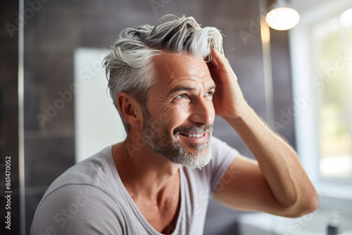 mature man styling his hair looking in mirror, Generative AI
