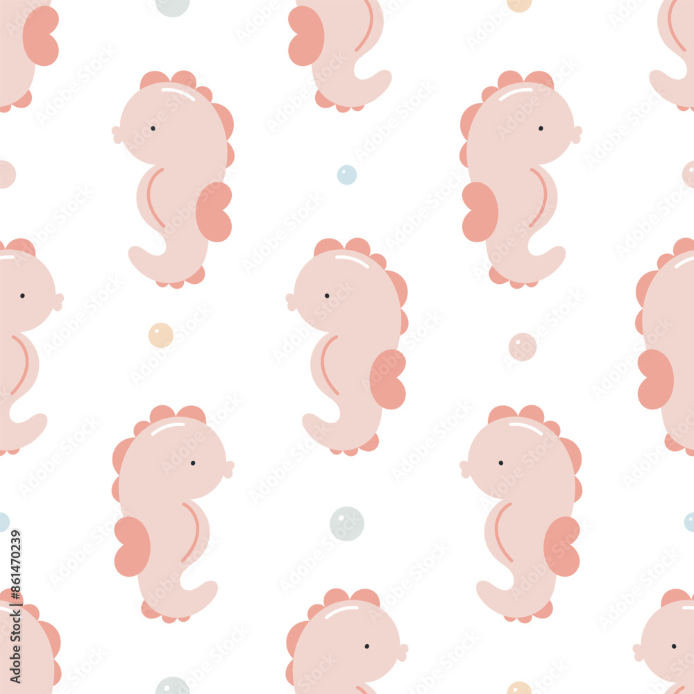 Obraz premium Seamless pattern with cute seahorse. Sea character. For for kids design, fabric, wrapping, cards, textile, wallpaper, apparel. Isolated vector cartoon illustration in flat style on white background.