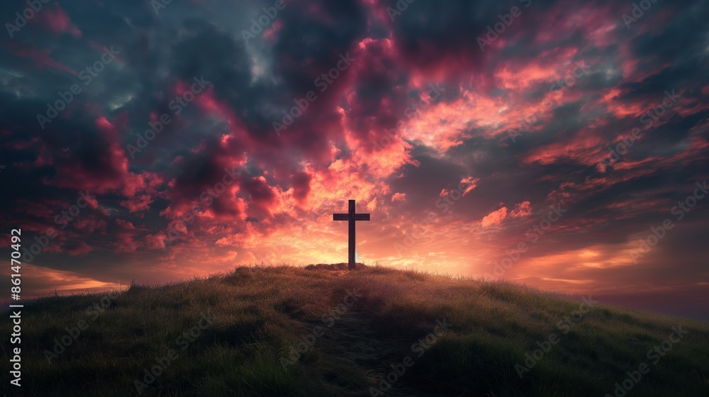 Obraz premium A cross stands on a hill silhouetted against a dramatic sky with vibrant sunset colors and clouds, capturing themes of faith, hope, and spirituality.