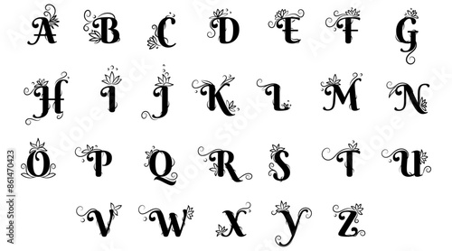 Vintage retro decorative alphabet latin letters. Vector graphics on isolated white background