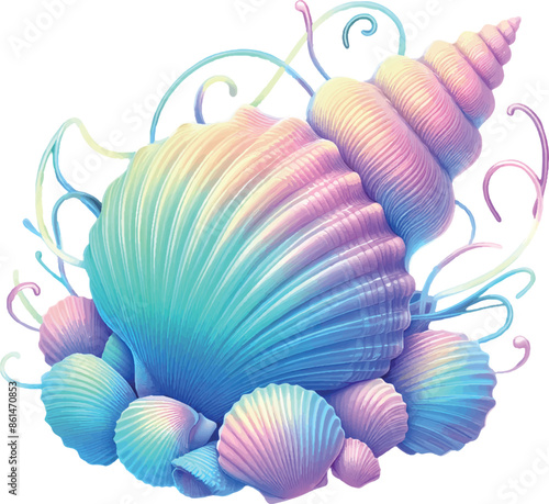 Isolated Neon illustration with colorful sea shells and stars, done in pastel pink, blue and purple shades on a white background.