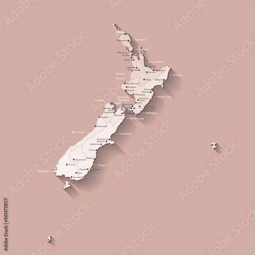 Vector modern illustration. Simplified administrative map of New Zealand. Beige borders of regions. Names of cities and provinces. Brown background of seas.