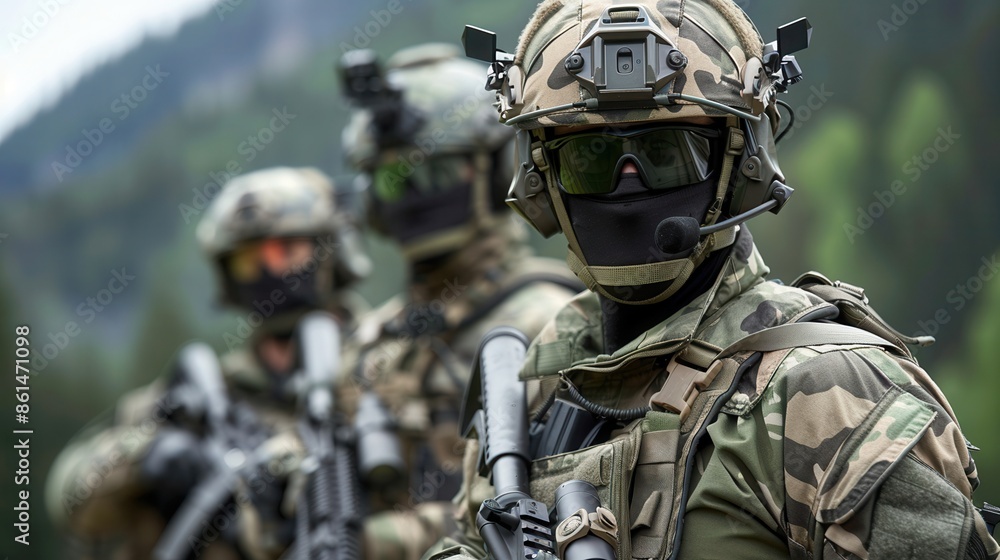 Elite soldiers in camouflage gear standing alert in a forested area, equipped with tactical gear and advanced weaponry. Elite soldiers in camouflage gear standing alert in a forested area, equipped with tactical gear and advanced weaponry.