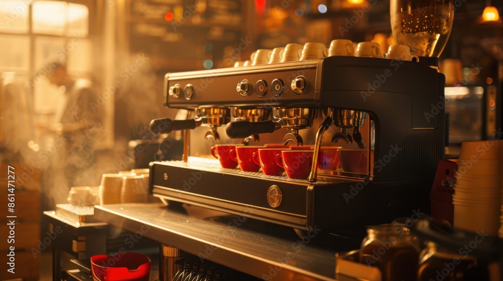 Obraz premium The espresso machine with steaming cups