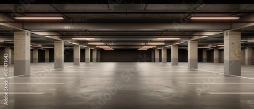 Empty underground parking garage with concrete columns and illuminated ceiling lights, capturing an urban industrial atmosphere.