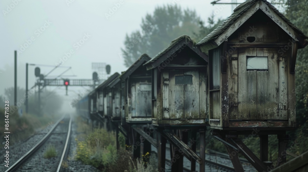 Rustic wooden signal boxes perched on metal stilts serving as vital communication hubs for train conductors. Rustic wooden signal boxes perched on metal stilts serving as vital communication hubs for train conductors.