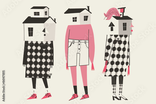 Hand drawn illustration style of a person carrying a house. Property and real estate concept