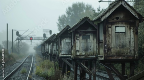 Rustic wooden signal boxes perched on metal stilts serving as vital communication hubs for train conductors.