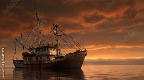 Fishing boat at sea during a captivating sunset with dramatic clouds and serene waters, capturing the essence of maritime twilight.