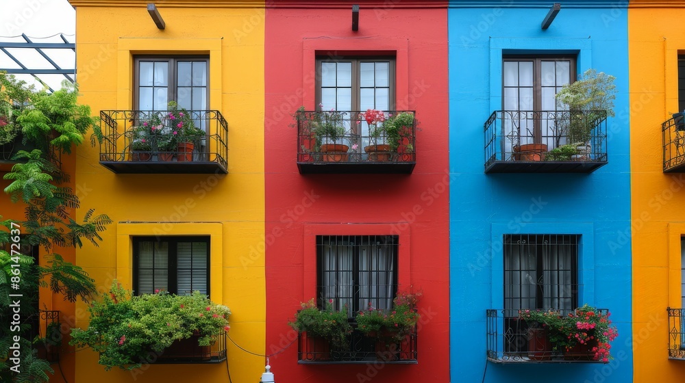 Obraz premium Colorful Balconies Adorned With Greenery on a Sunny Day in a Vibrant City. Generative AI