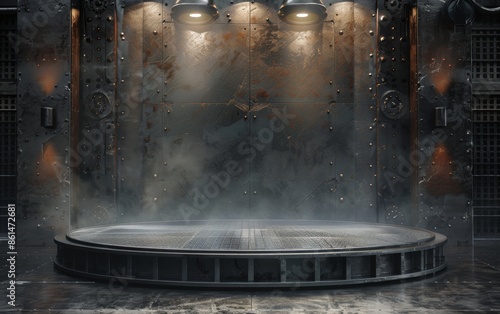 3D Podium Background with Industrial Theme and Rusty Metal Elements