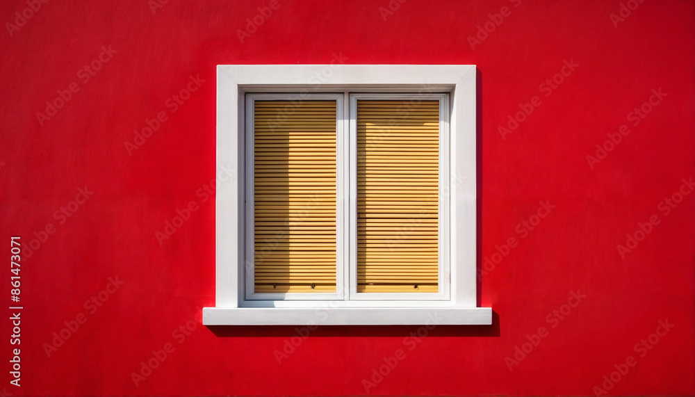 White window. White window on an empty red wall. Window on the facade of the house White window. White window on an empty red wall. Window on the facade of the house