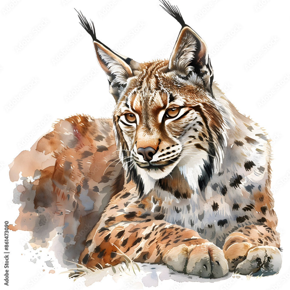Obraz premium Beautiful watercolor of a resting lynx with intricate detail and vivid colors, isolated on transparency PNG background, perfect for nature and wildlife enthusiasts.