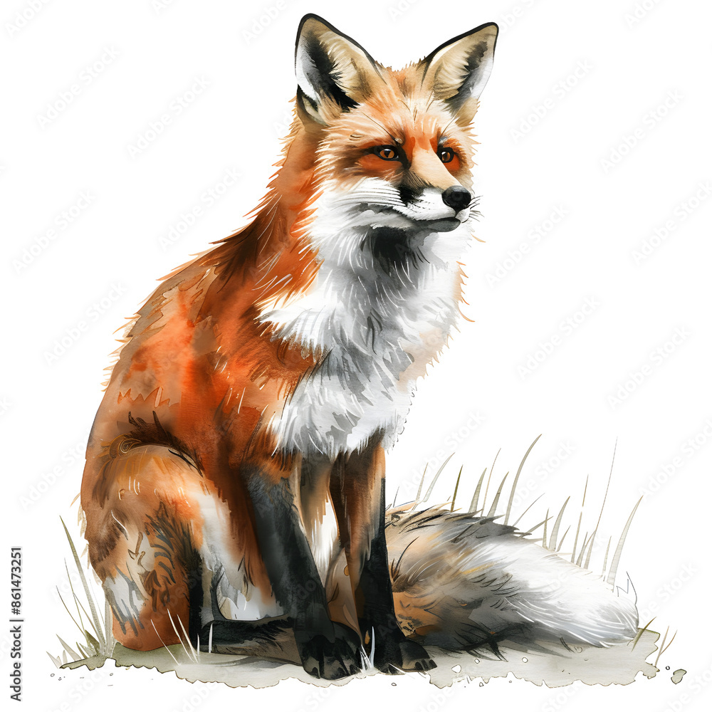 Digital illustration of a red fox sitting on the grass, detailed fur texture, nature, wildlife, isolated on transparency PNG background. Digital illustration of a red fox sitting on the grass, detailed fur texture, nature, wildlife, isolated on transparency PNG background.