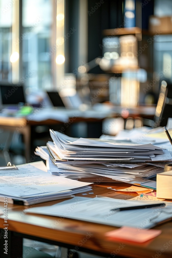 A sunlit modern office with stacks of documents on a wooden desk, computers in the background, and a bright, productive atmosphere. A sunlit modern office with stacks of documents on a wooden desk, computers in the background, and a bright, productive atmosphere.