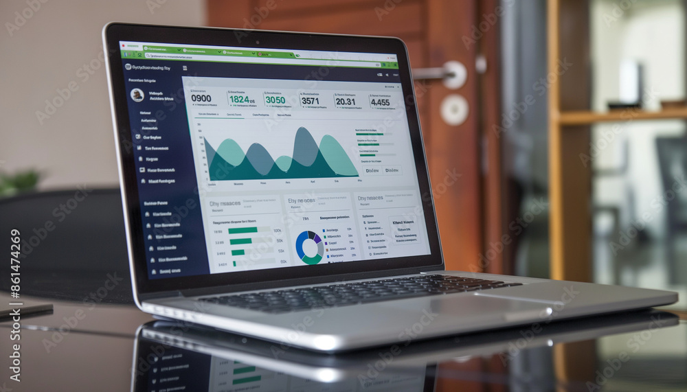 A laptop displaying data visualizations and metrics, highlighting advanced data analysis in a modern and organized workspace A laptop displaying data visualizations and metrics, highlighting advanced data analysis in a modern and organized workspace