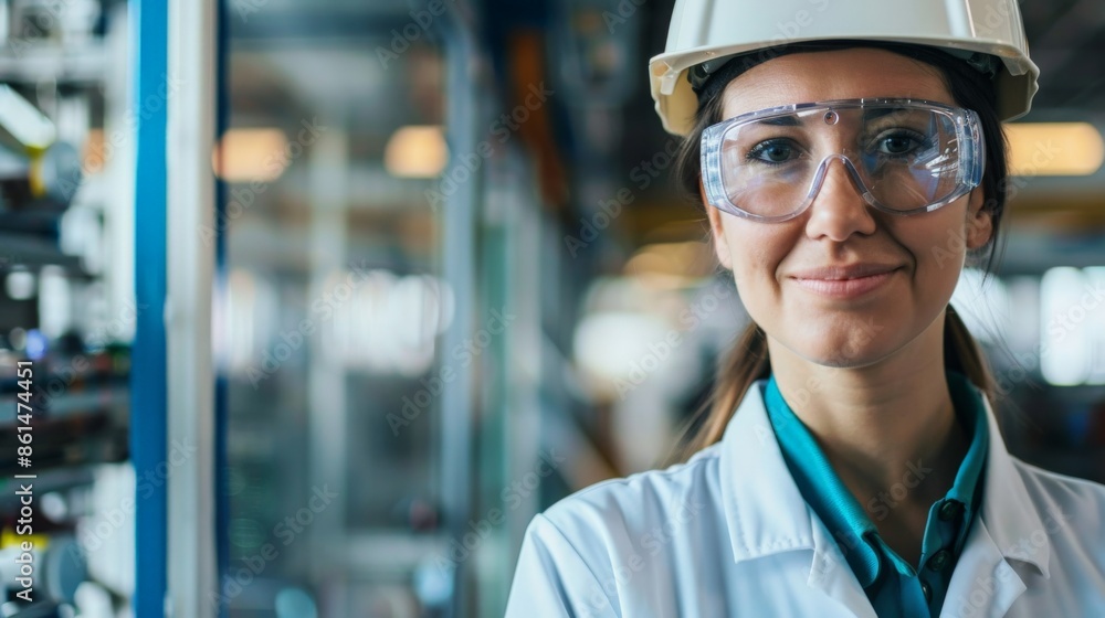 A woman in a lab coat and hard hat smiles while looking at the camera A woman in a lab coat and hard hat smiles while looking at the camera