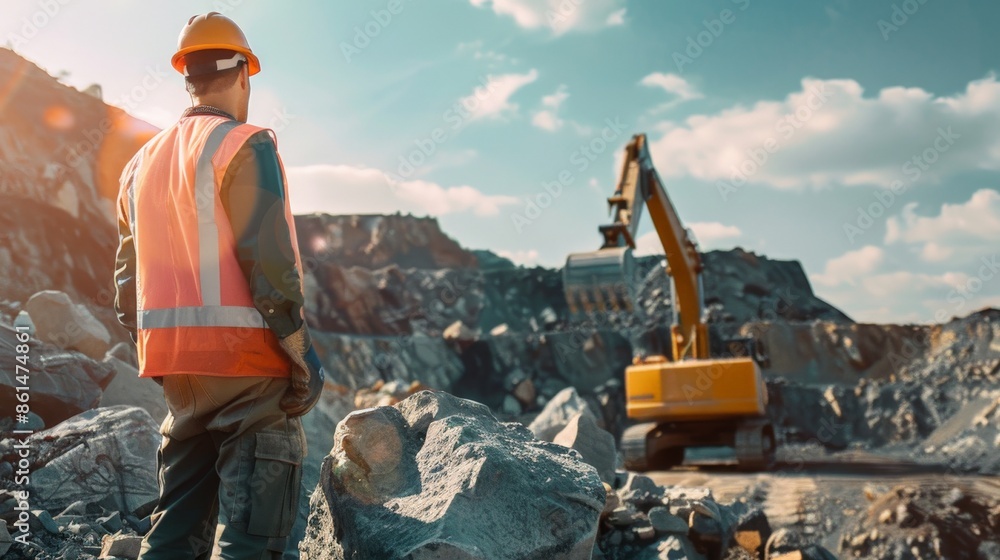 Construction worker in orange vest watches excavator work amid debris Construction worker in orange vest watches excavator work amid debris