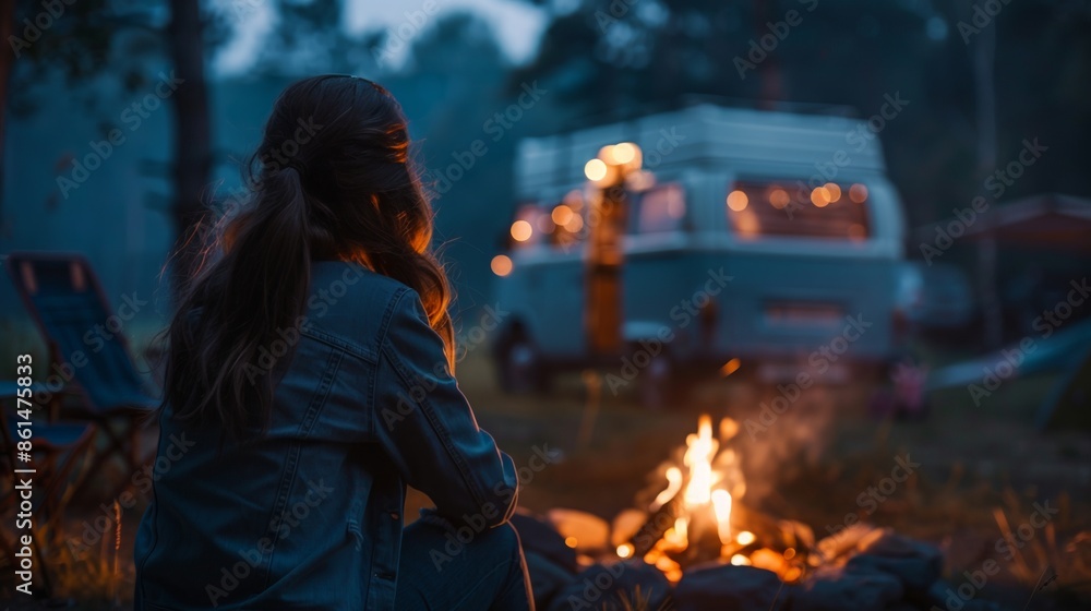 Fototapeta premium A female rest with camper van in wilderness camping site with camp fire at night.