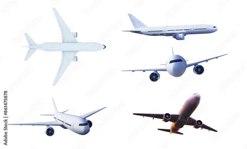 Set of different airplane models isolated on a white background, showcasing various angles and positions, concept of travel and transportation. 3D Rendering Set of different airplane models isolated on a white background, showcasing various angles and positions, concept of travel and transportation. 3D Rendering