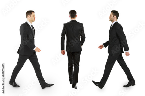 Foto Three poses of a man dressed in a business suit walking, shown against a white b
