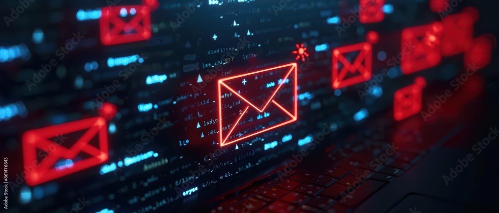 Digital Email Communication Concept with Glowing Red Icons on a Dark Background Digital Email Communication Concept with Glowing Red Icons on a Dark Background